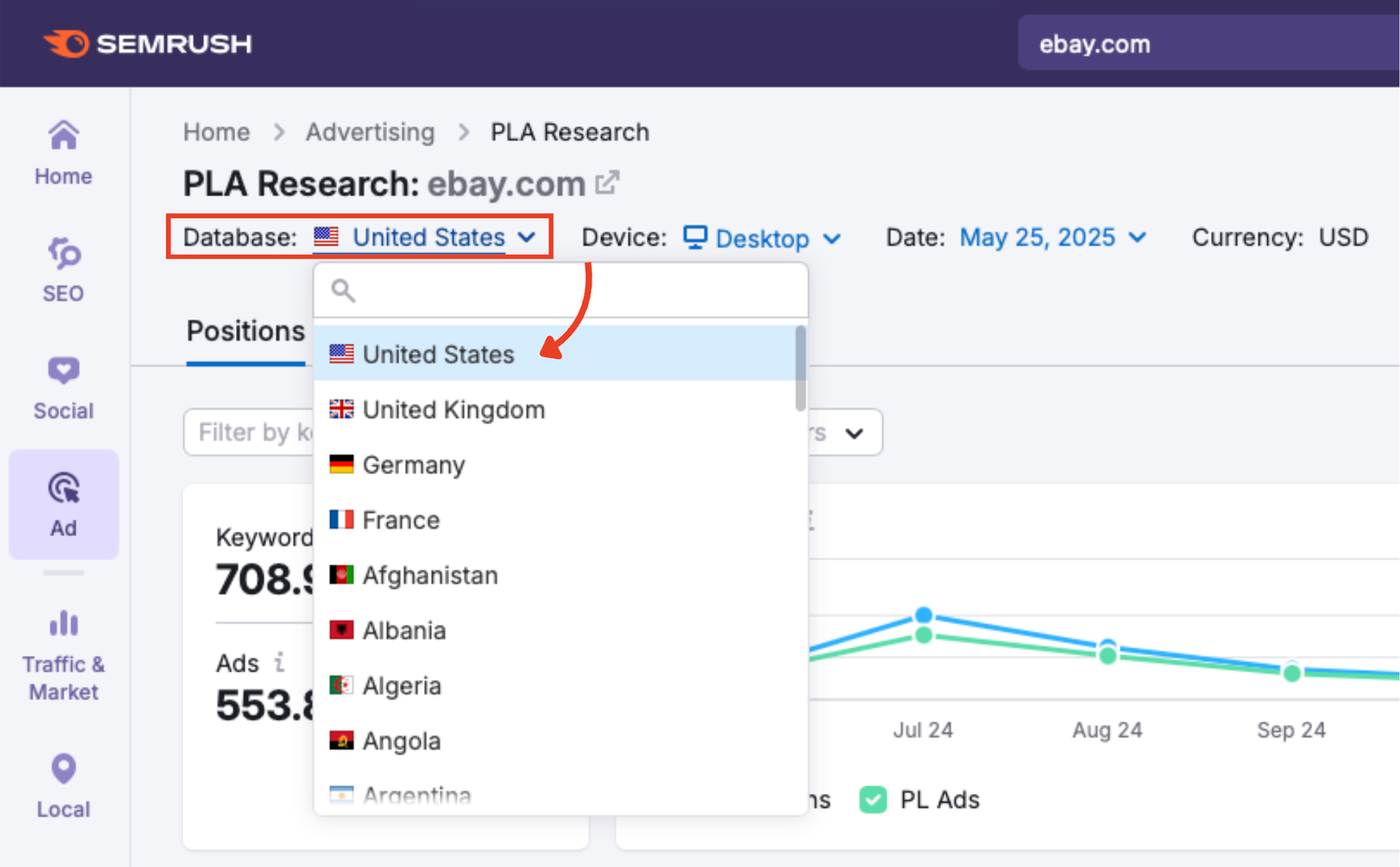 The database menu in PLA Research.