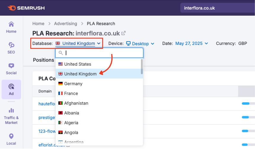 The database selector in PLA Research.