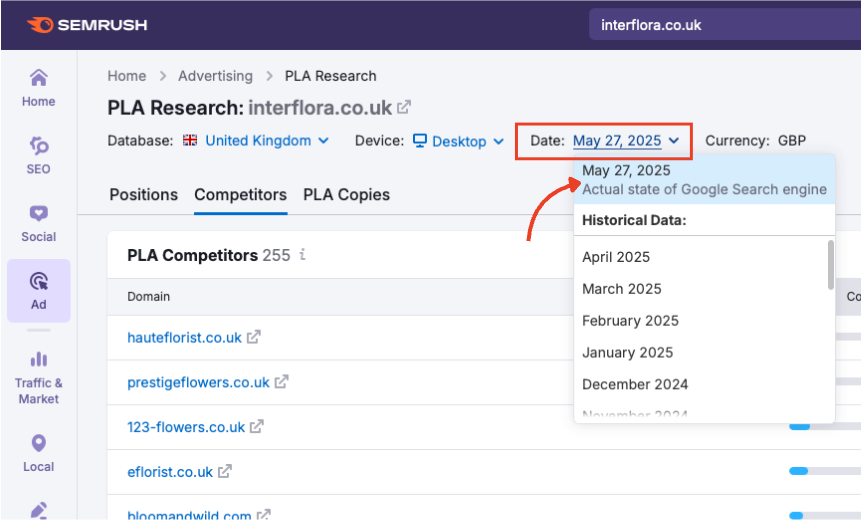 The date range selector in PLA Research.