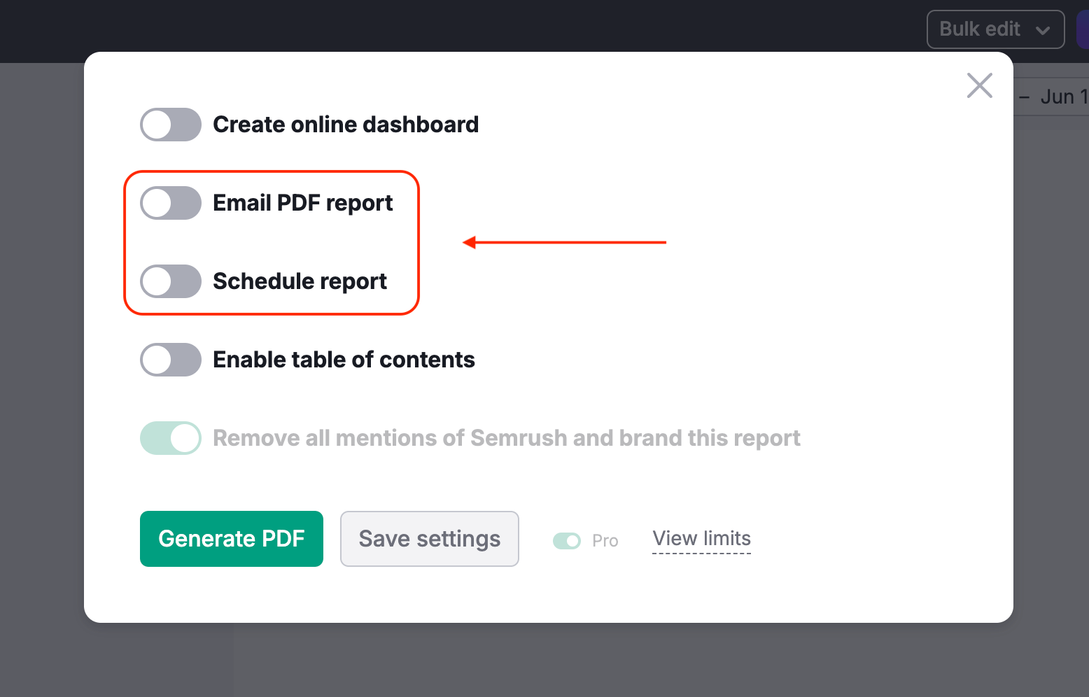A pop-up window with all options provided after selecting the Generate PDF report button. Email report and Schedule report are highlighted and toggled off.
