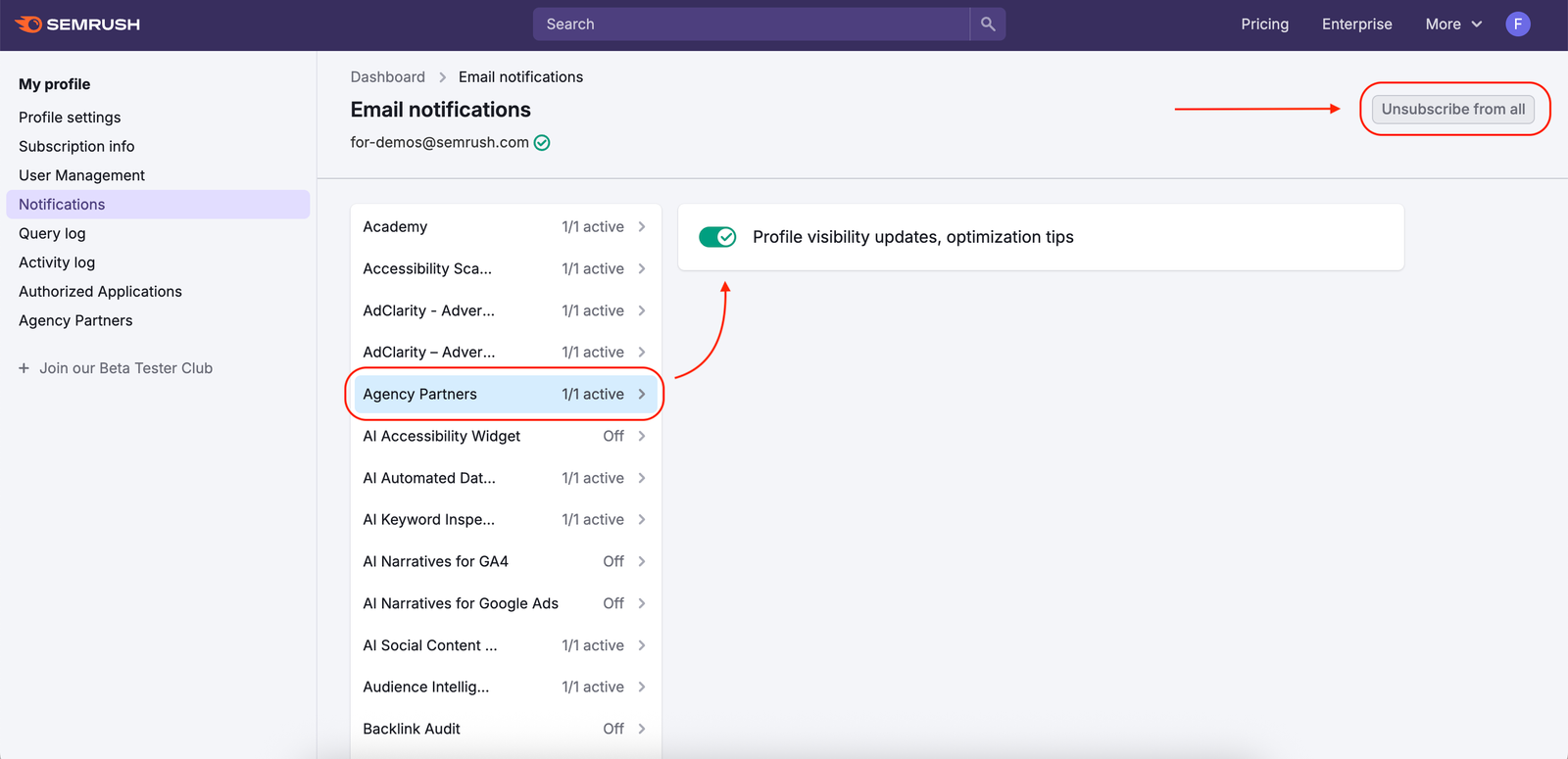 The Notifications section is highlighted in the left-hand menu. In the Notifications tab, an example shows how to unsubscribe from Agency Partners notifications&mdash;Agency Partners is outlined with a red rectangle, and a red arrow points to the unsubscribe toggle. The Unsubscribe from all button is also highlighted.