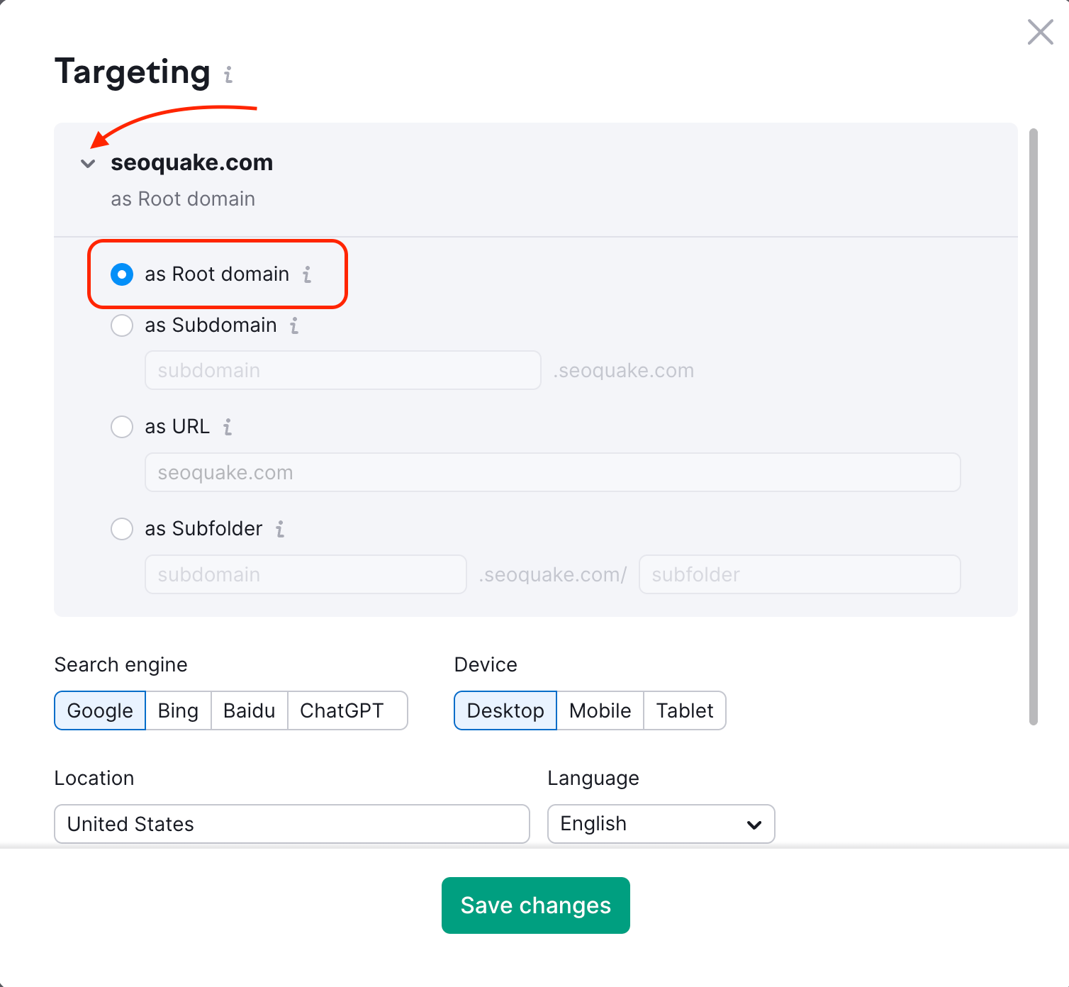 Position Tracking setup wizard with the Root domain option highlighted.