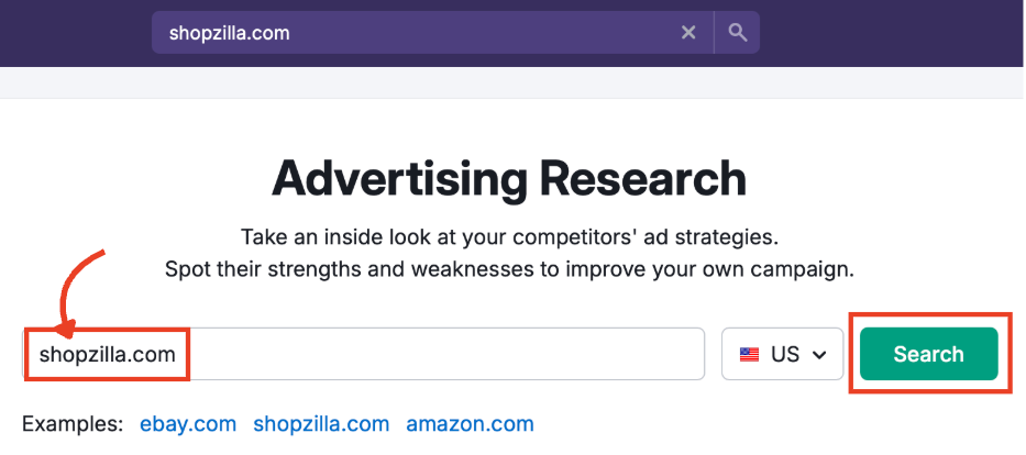 The Advertising Research search screen with an example domain entered in the search bar.