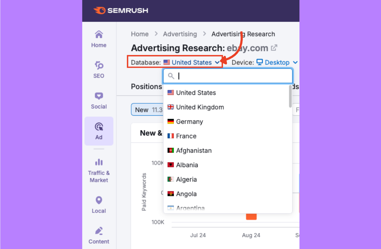 Country database selector with United States chosen.