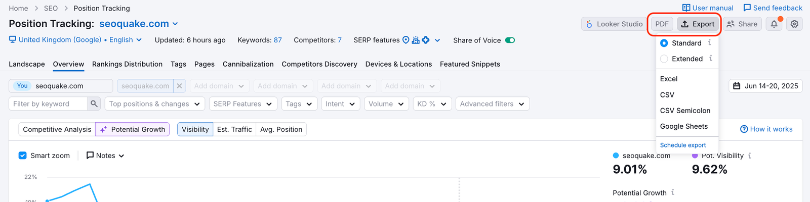 Export options in Position Tracking: PDF report and Excel, CSV, and Google Sheets.