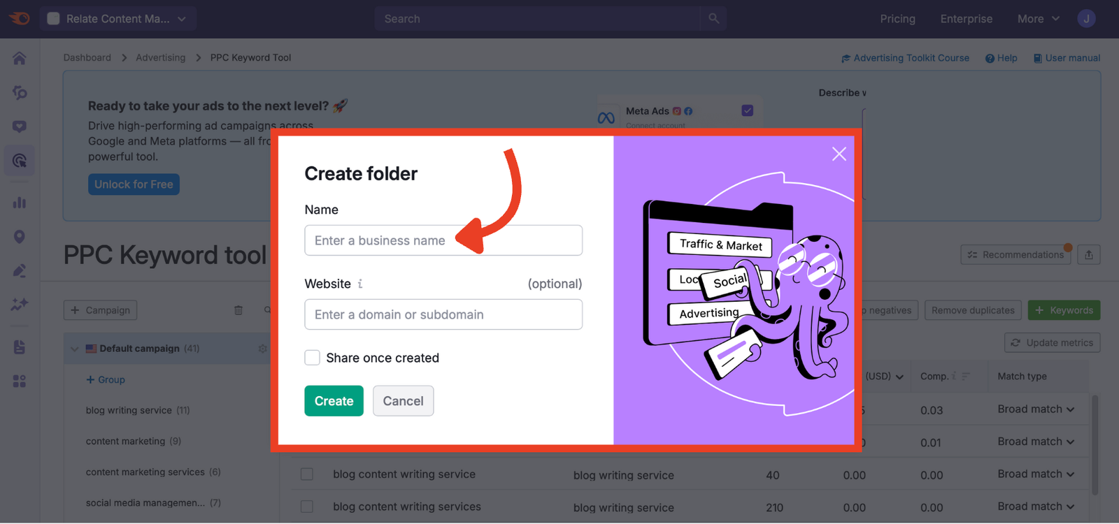 The screen to set up a new folder in the PPC Keyword Tool.