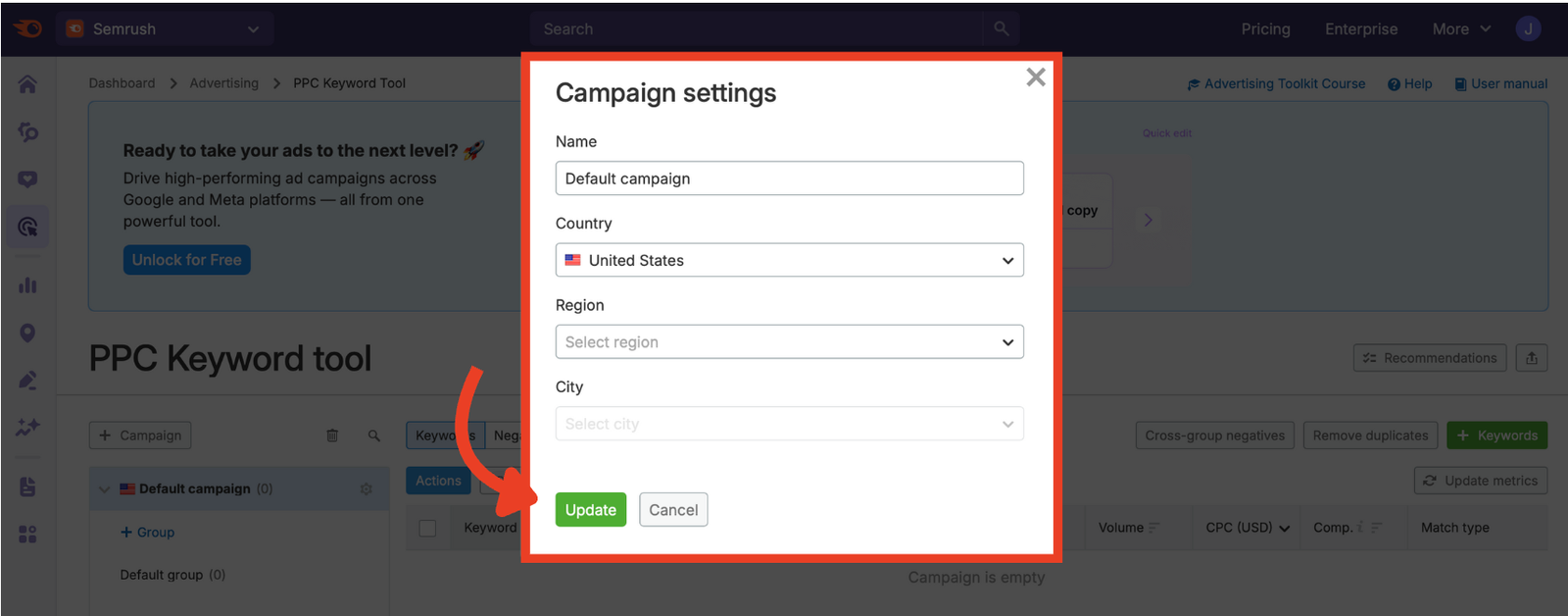 The campaign settings menu in the PPC Keyword Tool.