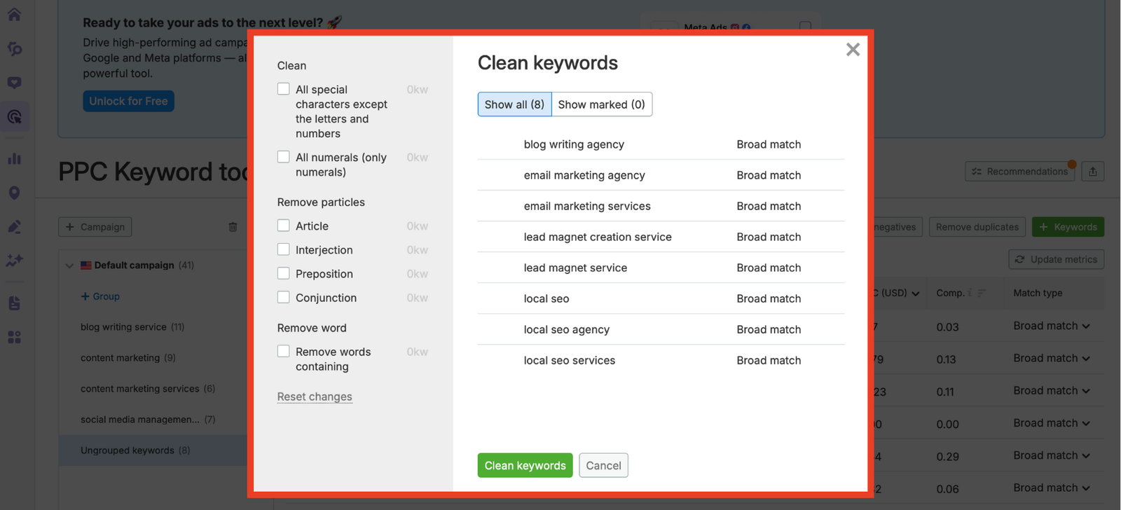 Clean keywords pop-up showing checkboxes for articles, special characters, and custom words.