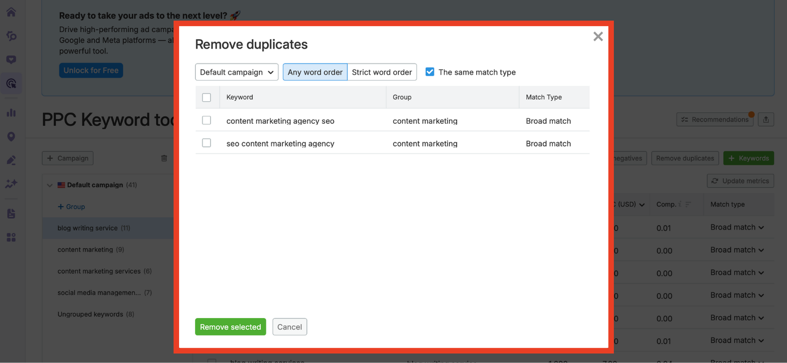Remove duplicates window with checkbox controls and match type filter.
