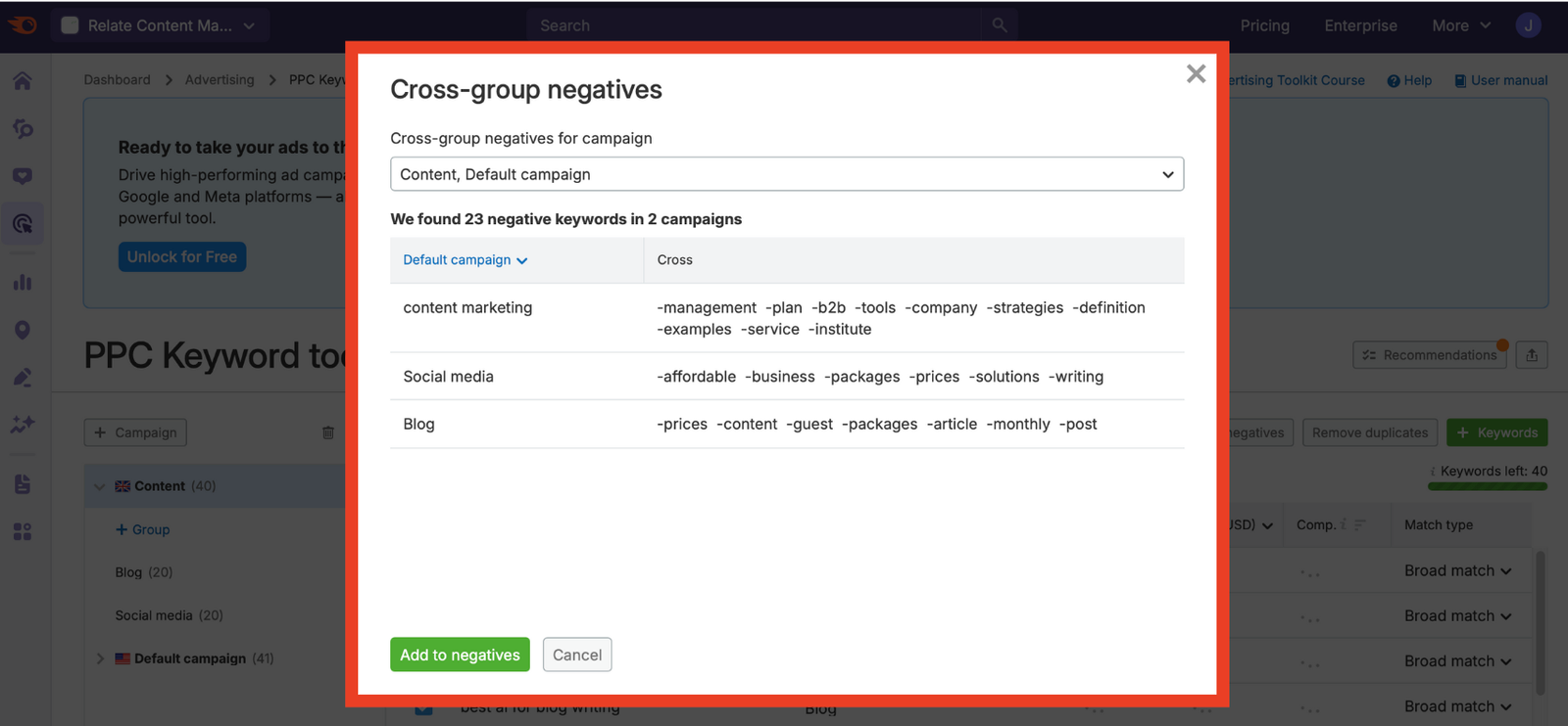 Cross-group negatives interface showing overlap detection between ad groups.