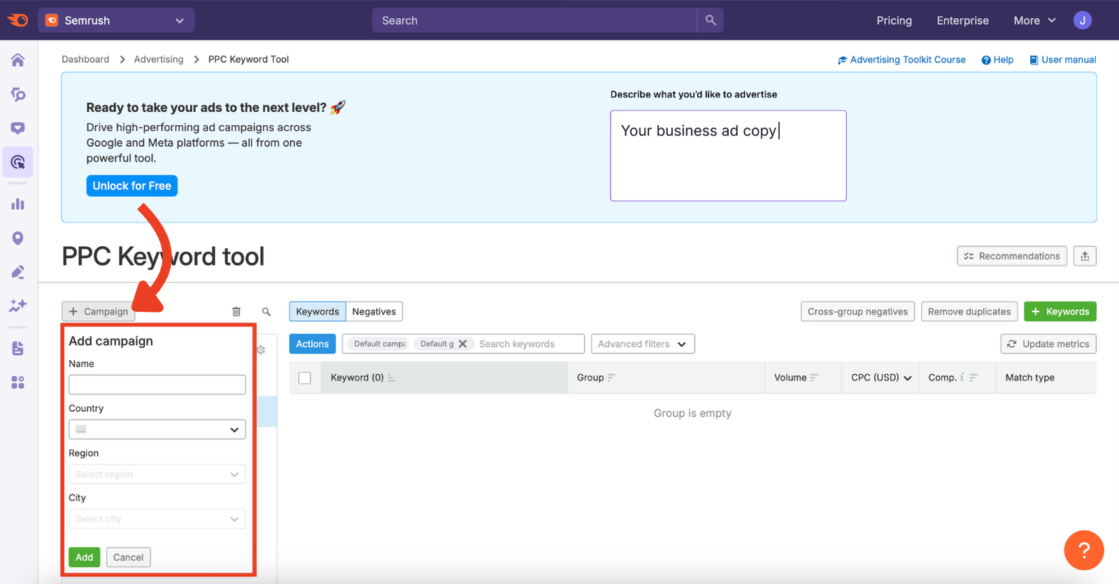 The new campaign menu in the PPC Keyword Tool.