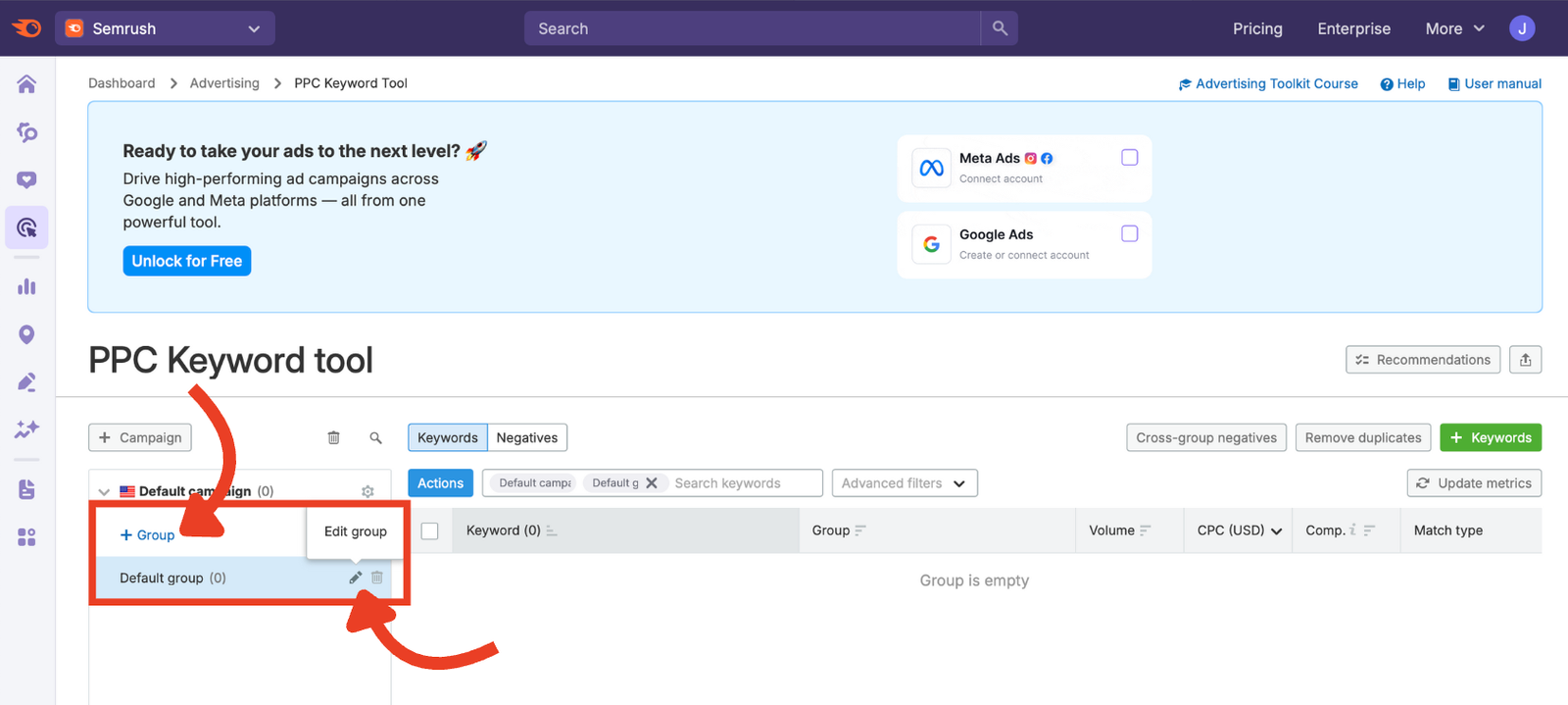 Adding or editing group names in the PPC Keyword Tool.