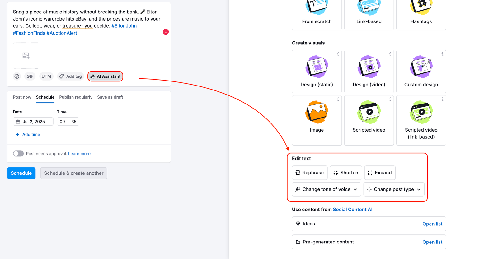 An example of the generated post in the editor with the AI Assist drop-down options. The Edit text section is highlighted.