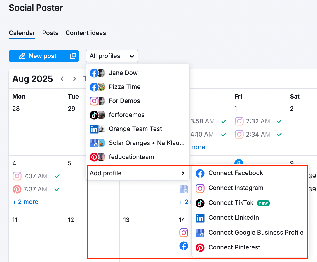 A dropdown menu of Calendar tab in Social Poster. Below all connected profiles, 'Add profile' button is highlighted that opens another dropdown menu with options to select a social media for a new profile.
