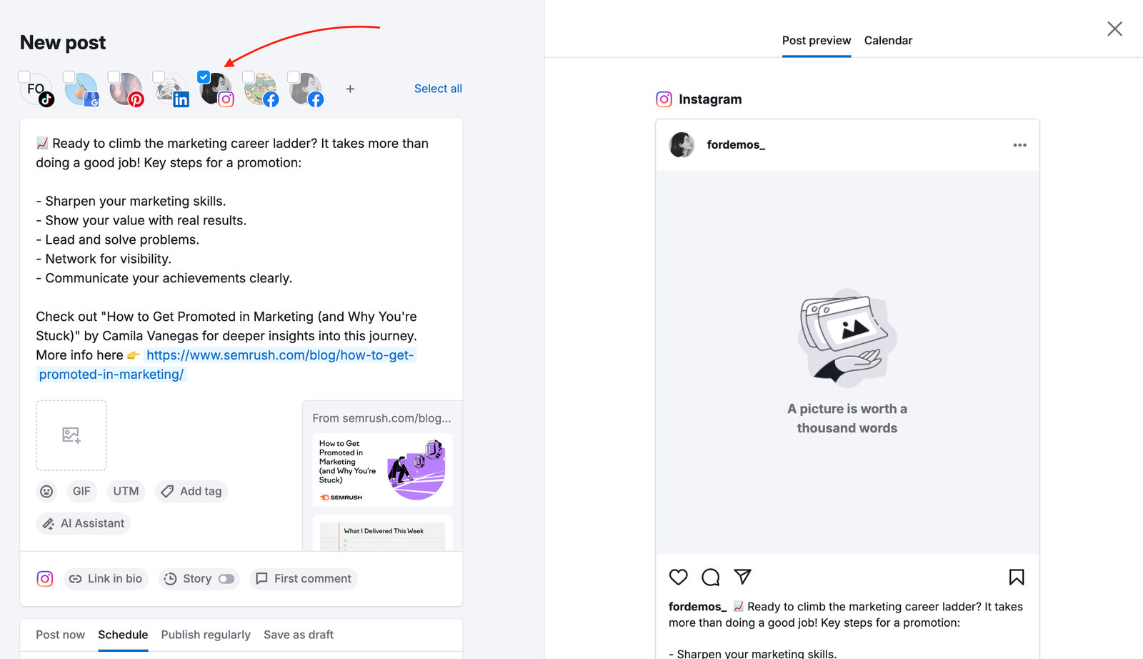 Instagram account is selected at the top of the Post editor.
