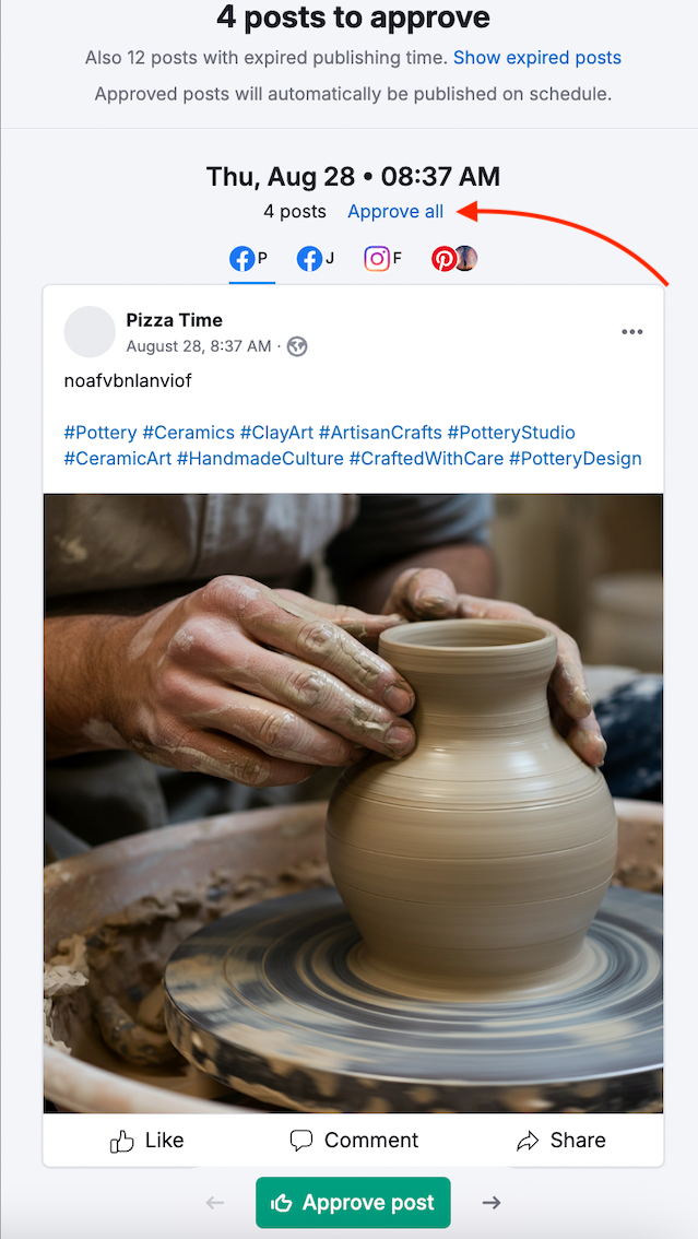 A red arrow is pointing to the Approve all button on the posts approval page.