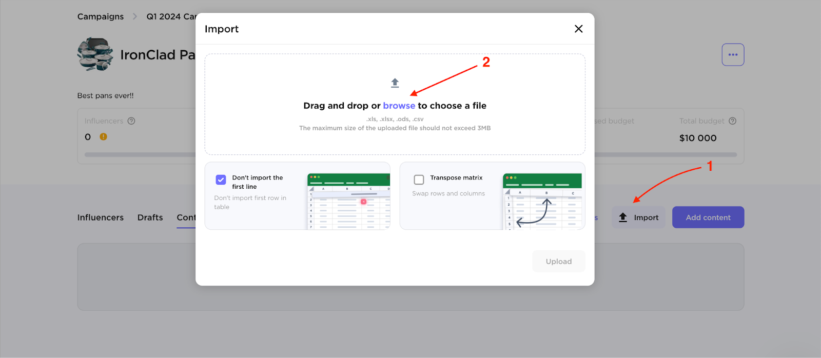 Import button in Influencer and Content tabs.