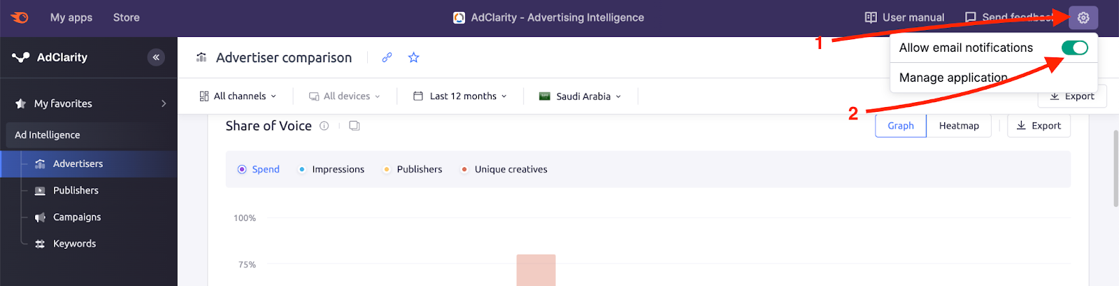 Enabling email notifications in AdClarity — Advertising Intelligence.