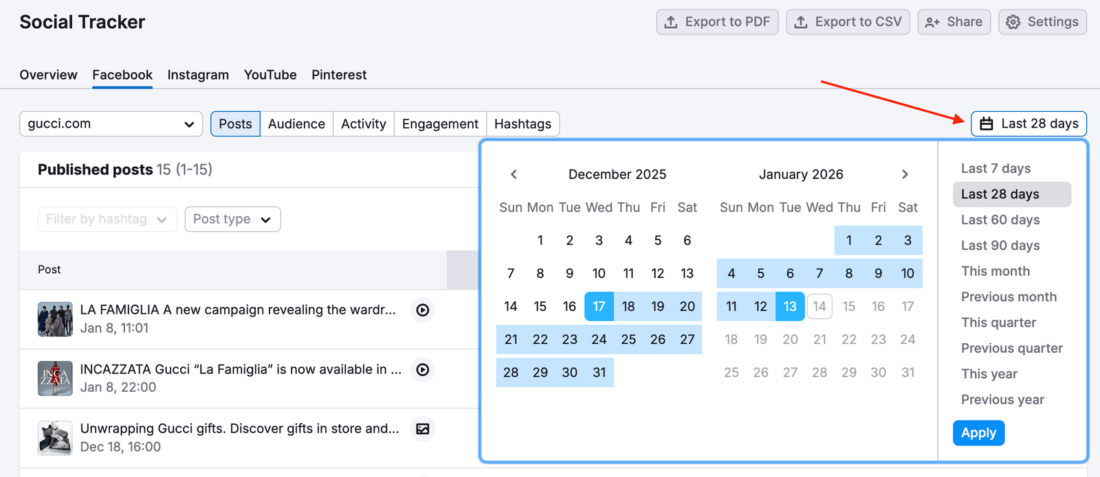 The Social Tracker Overview report with an open date range menu in the top-right corner.