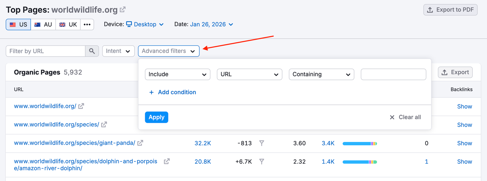 An example of the Advanced filters menu.